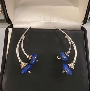 Elegant Sterling Silver and Oval Lapis Natural Stone Earrings.